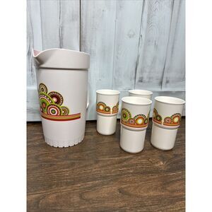 VTG Mexican Bicentennial Tupperware Pitcher Push Button Lid 800G-12 & 4 Cups Set